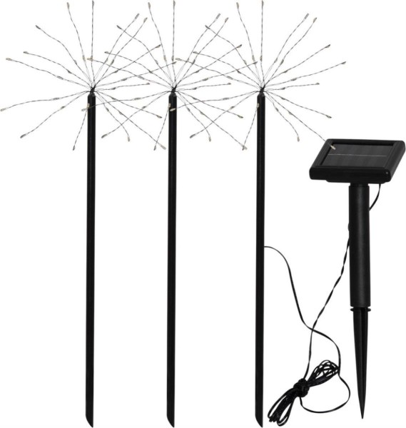 LED Solar FEUERWERK - 3 schwarze Spieße mit je 30 warmweißen LED - H: 40cm - Dämmerungssensor