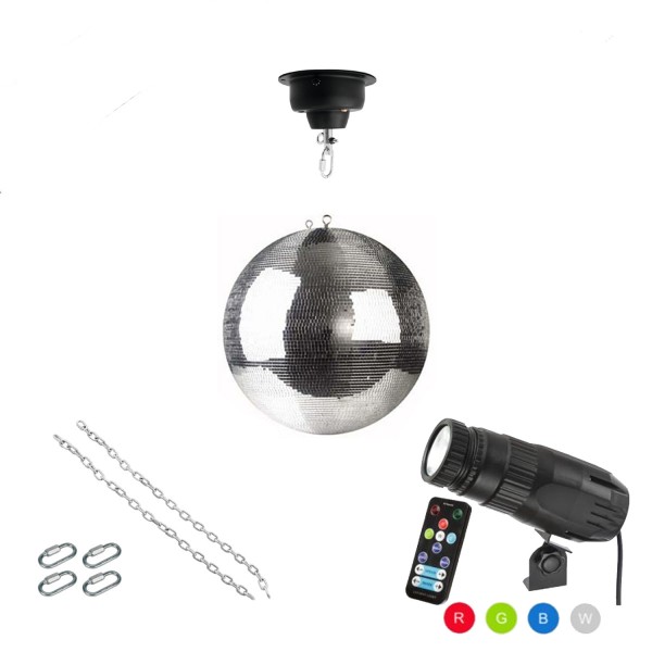 Spiegelkugel Komplettset 30cm mit Motor, 9W LED Pinspot (RGB) und Montagematerial PROFI