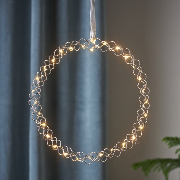 LED Kranz "Hoop" - 30 warmweiße LED - D: 30cm - Material: Metall - Batteriebetrieb - Timer - silber