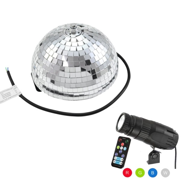 Set Halbspiegelkugel 20cm + 1 x LED Pinspot 9W Farbwechser RGB