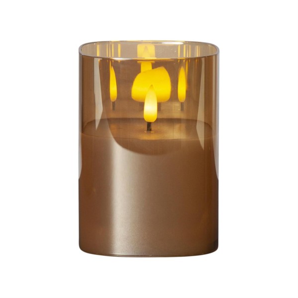 LED Kerze im Glas - Windlicht - Echtwachs - flackernde gelbe Flamme - Timer - H: 12,5cm - goldbraun