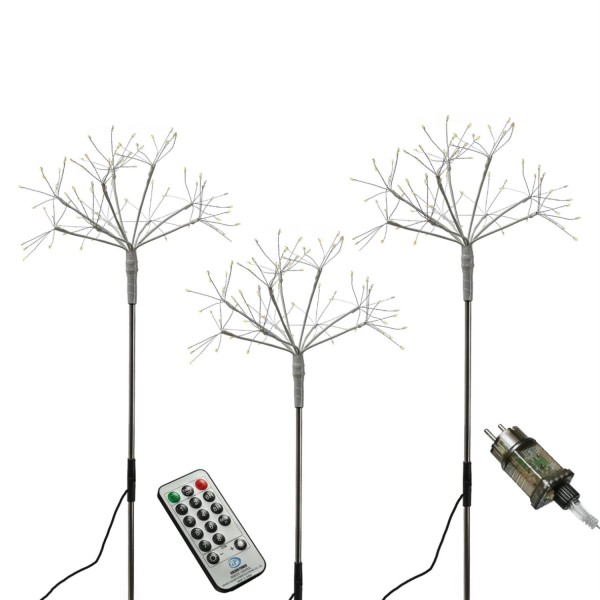 LED Gartenstecker Feuerwerk - Leuchtstäbe Pusteblumen - H: 80cm - 8Funkt./Fernb. - 3er Set weiß