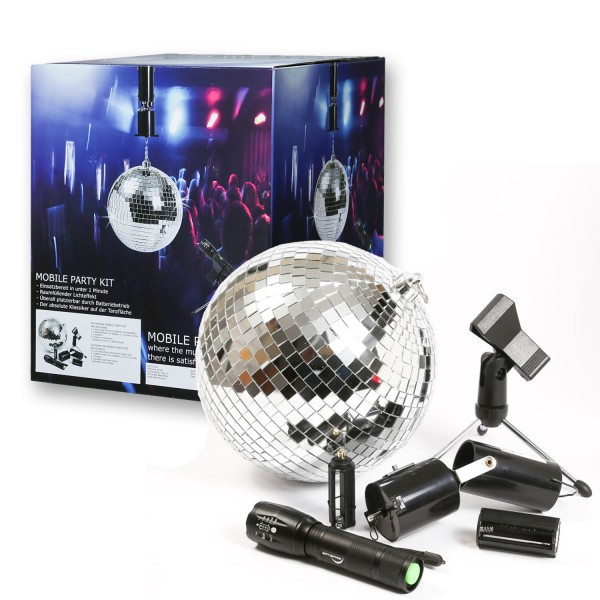 SATISFIRE Discokugel Set - Mobile Party Kit - Komplettset mit 20cm Kugel, Motor, Spot, Stativ