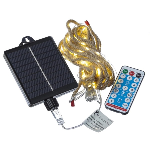 LED Solar Lichterkette Juteseil - 200 warmweiße LED - L: 10m - 8 Funktionen/USB - Fernbedienung